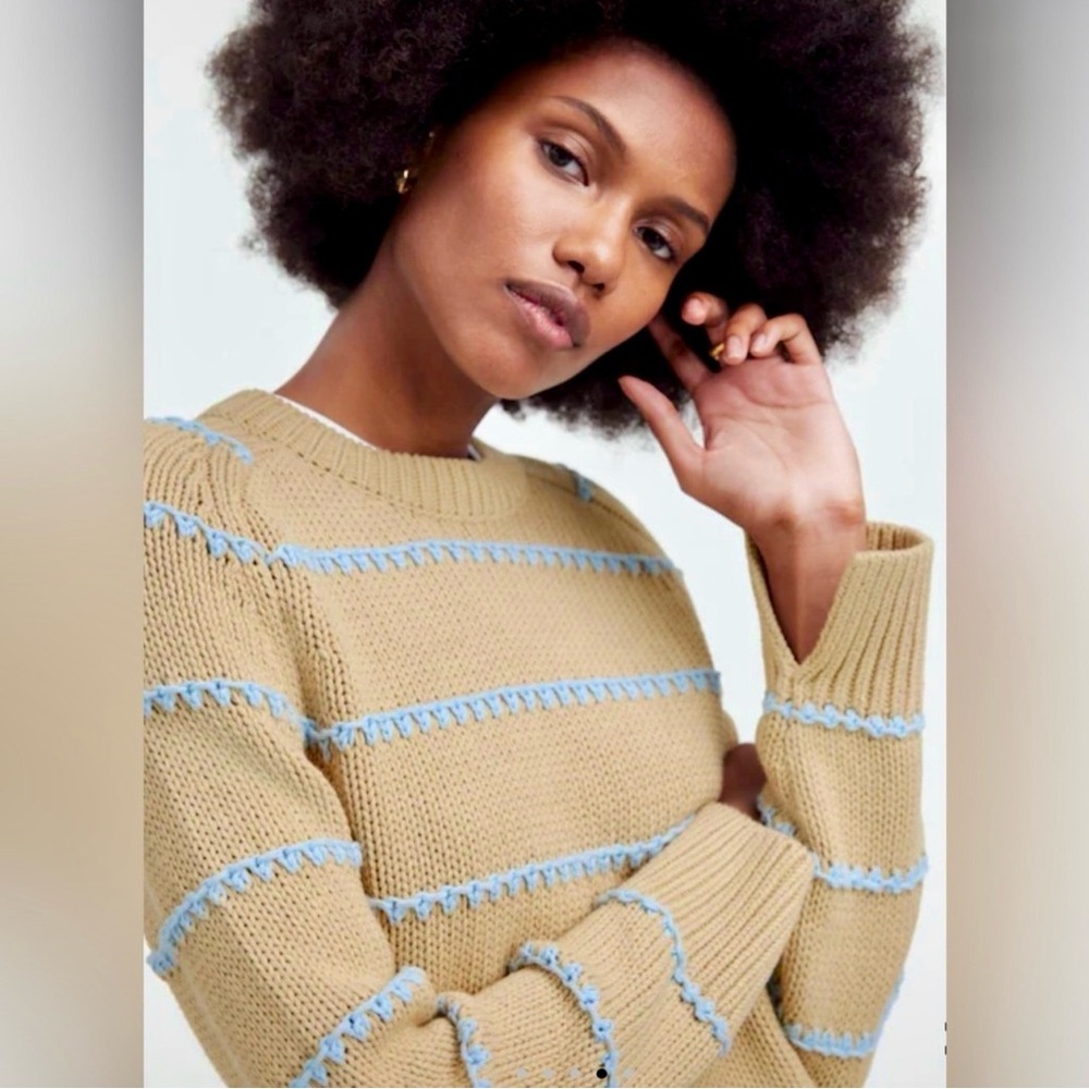 Madewell Textured Cotton Crewneck Sweater Stripe Pale Blue Tan, XXS